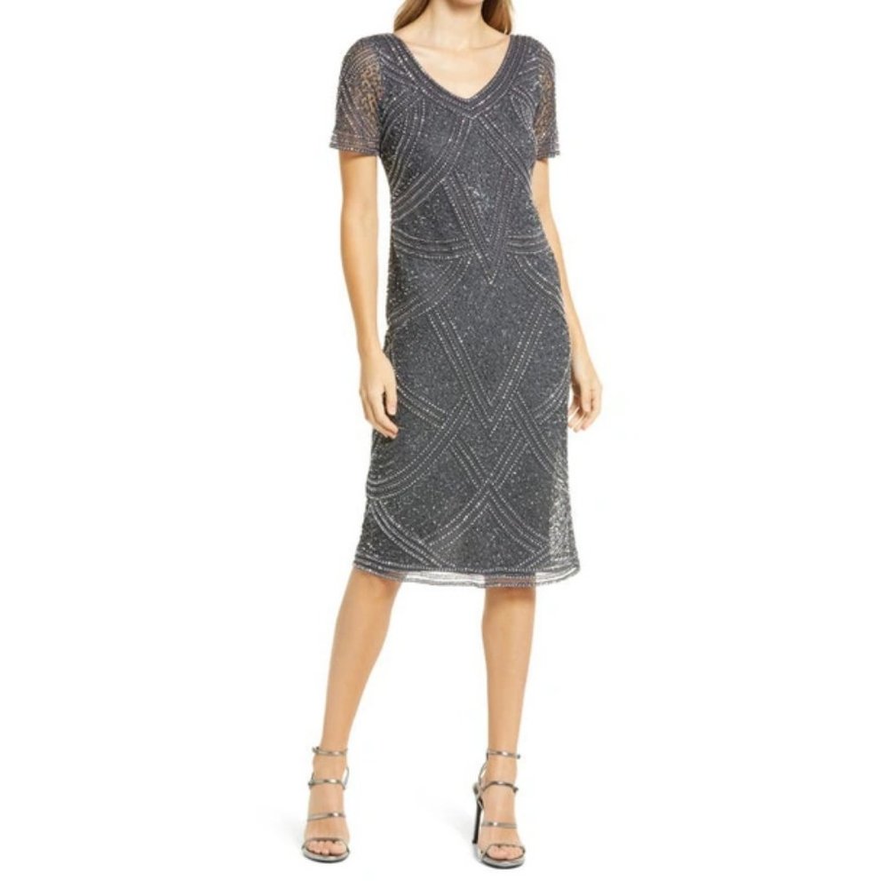 Pisarro Nights NWT Beaded Mesh Column Gown Size 10 in Slate